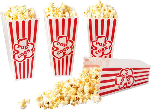 Plastic Popcorn Containers, Red & White Striped Retro Style Reusable Popcorn Boxes for Movie Night, 4”x8” (4 Pack)