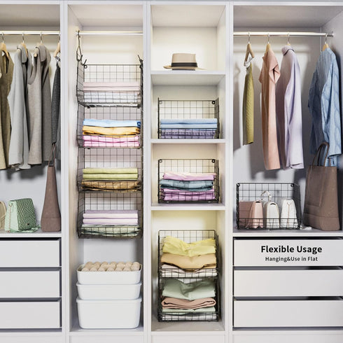 X-cosrack 4 Tier Closet Hanging Organizer, Clothes Shelves with 5 S Hooks, Wire Storage Bins for Clothing Accessories