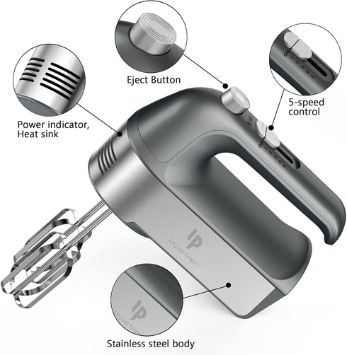 Electric Hand Mixer 450W with Scale Cup Storage Case, Turbo Boost, 5 Speed, Eject Button & 5 Stainless Steel Accessories