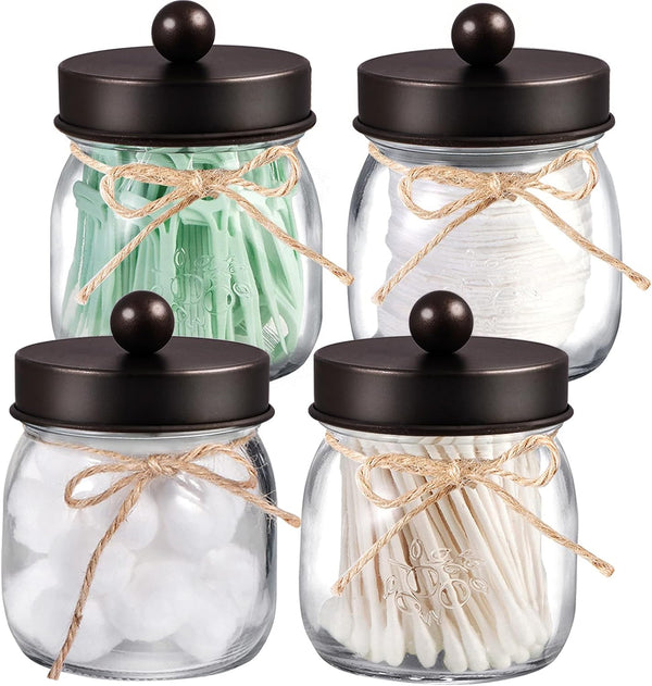 SheeChung 4 Pack Apothecary Jars with Lids, Bathroom Organizers for Q-tips, Cottons, Floss, Small Mason Jars