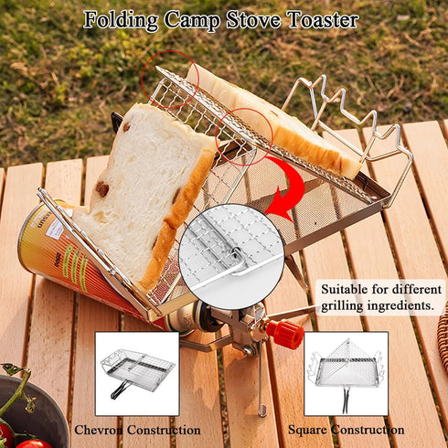 Camp Stove Toaster, 7.9 x 5.3 in Foldable Stainless Steel Rack, Portable Bread Toaster for Indoor Baking and Outdoor