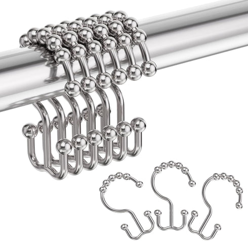 Amazer Shower Curtain Hooks, Plastic Double Shower Curtain Rings for Bathroom Shower Curtain Rod - Set of 12, Nickel