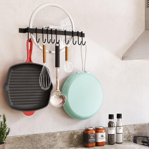 Wallniture Gourmet Kitchen Rail with 10 Hooks, Wall Mounted Utensil Holder Rack, Black