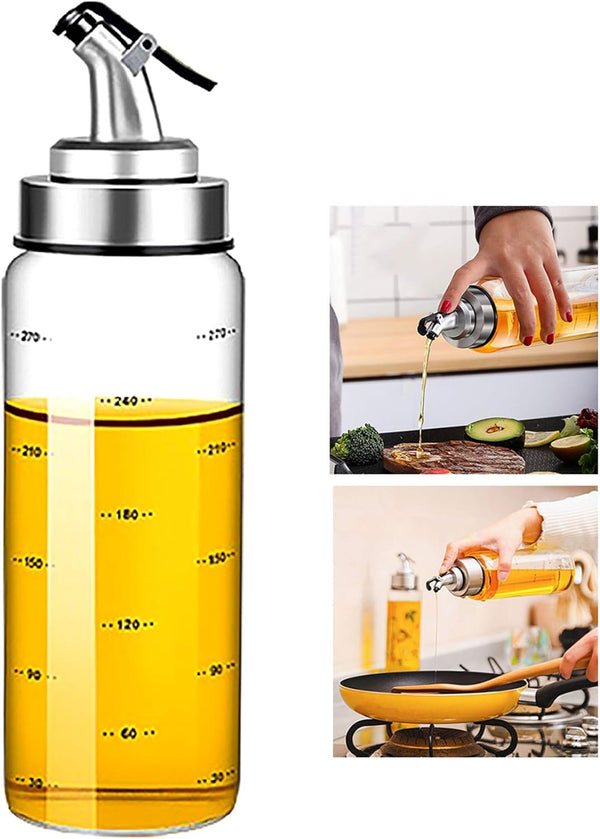 Olive Oil Dispenser Bottle, 10 Oz Liquid Condiment Container, Glass Decanter with Dripless Capped Spout and Degree Scale