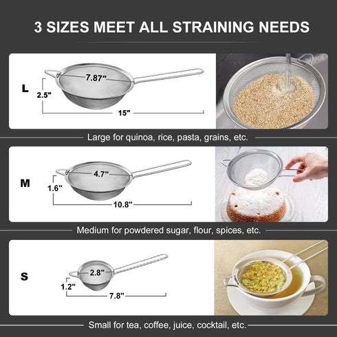 Walfos Fine Mesh Strainers Set, Premium Stainless Steel Colanders and Sifters with Reinforced Frame, Perfect for