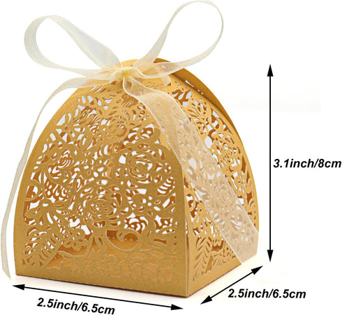 KPOSIYA 100 Pack Laser Cut Rose Candy Boxes, 2.5"x2.5"x3.1", Gift Boxes for Bridal Shower, Birthday Party, Yellow