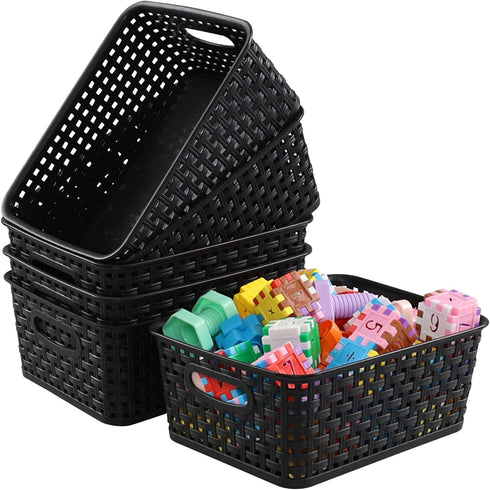 6 Pack Black Plastic Pantry Weave Storage Basket Bin