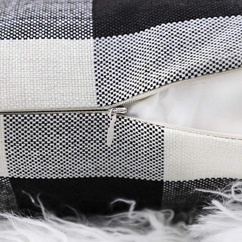 4TH Emotion Set of 2 Black and White Farmhouse Buffalo Check Plaid Throw Pillow Covers, 20 x 20 Inches, Polyester Linen