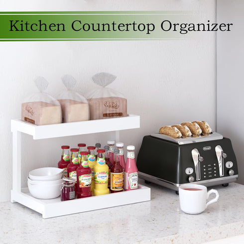 MARTY 2 Tier Spice Rack Organizer for Countertop, 15.8''L White Desktop Storage Organizer for Kitchen, Bathroom,