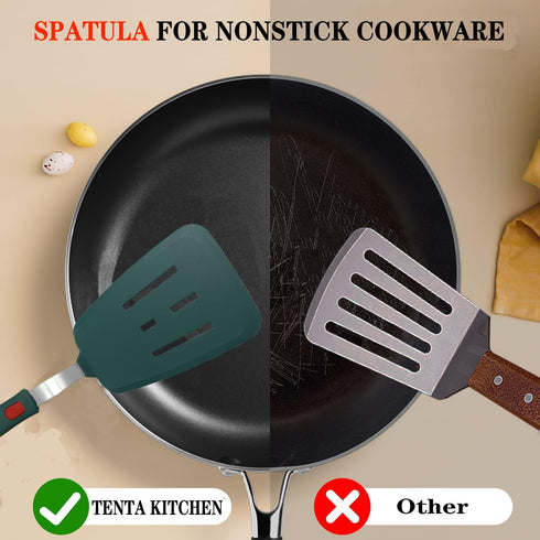 Silicone Spatula Set of 2 - Tenta Kitchen Slotted Angle Spatula, Round Pancake Spatula, Heat Resistant