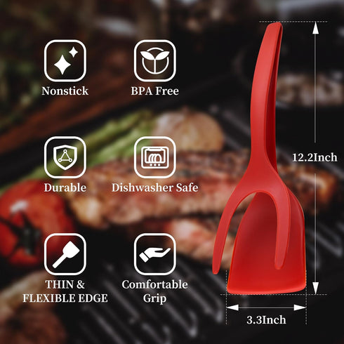 2 in 1 Spatula and Tongs, Ultimate Egg Spatula Flipper, High Temperature Resistant Nylon, Red