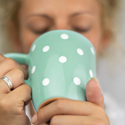 City to Cottage 10oz Ceramic Cappuccino Mug, Turquoise Blue Polka Dot, Large Handle for Coffee, Tea, Hot Chocolate