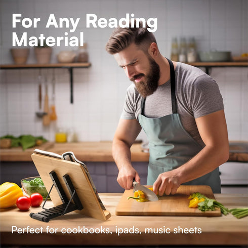 H&S Bamboo Recipe Book Holder - Foldable & Portable Cookbook Stand for Desk or Kitchen