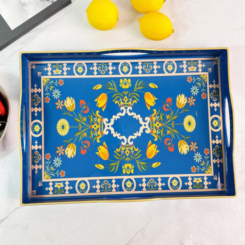 4 15 11 1.9 Boho Blue Decorative Tray, Serving Tray with Handles, Plastic Tray for Coffee Table, Ottoman - Ideal