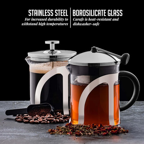 OVENTE 2-in-1 Coffee Press and Tea Maker, 20 Ounce with High Grade Stainless Steel Infuser, Borosilicate Glass, Clear