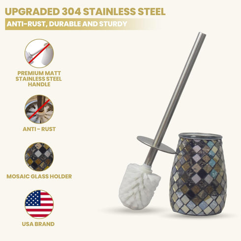 Modern Toilet Brush and Holder Set, Mosaic Glass with Non-Rustic Stainless Steel, Luxury Black and Gold Accessories