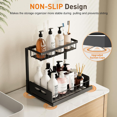 Under Sink Organizer 2 Pack, Pull Out Cabinet Shelf, Kitchen Bathroom Storage with Sliding Drawer for Home