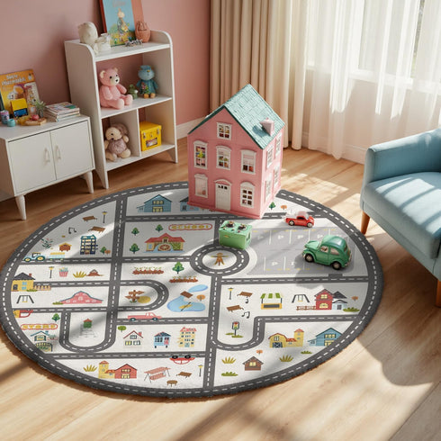 3.3ft Round Kids Town Road Car Play Rug - Non-Slip Faux Wool