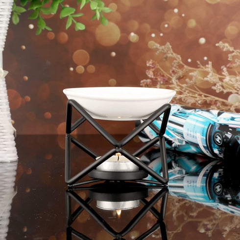 JuxYes Euro Metal Oil Burner Wax Warmer, Romantic Ceramic Tealight Candle Holder for Home Bedroom Décor