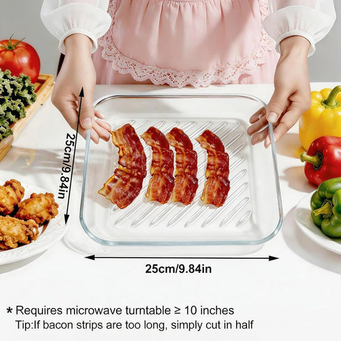 9.84inch, Microwave Bacon Cooker Pan, Square Glass Bacon Tray for Microwave and Oven Cook Crispy Strips in Minutes, No