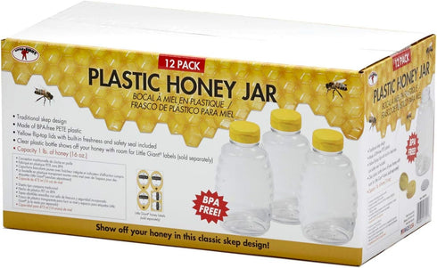 12 Pack 16 Little Giant Plastic Honey Jar | Skep-Style Jar | Honey Squeeze Bottle with Flip-top Lid | Plastic Honey