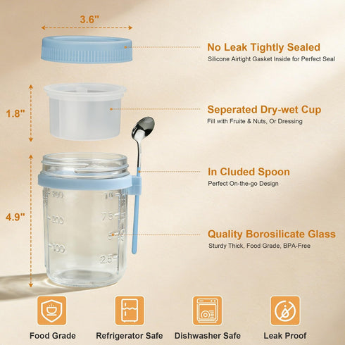 Torchero 4 Pack 16 oz Overnight Oats Containers with Lids and Spoons - Glass Mason Jars with Separate Compartments