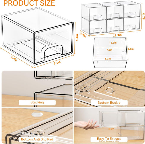 Yieach 4.4" Closet,Medicine Bottles,Pacifier,6 Tall Small Clear Acrylic Stackable Storage Drawers for Vanity,Under