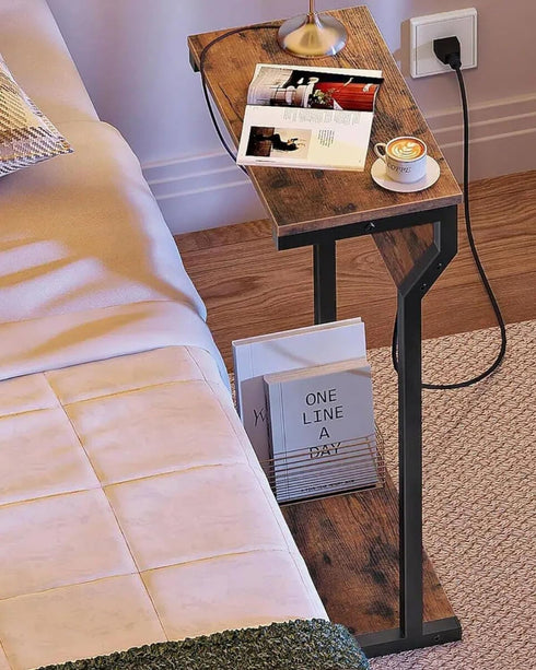 27" TBZ27UBF CHOEZON Narrow Side Table with Charging Station, Skinny End Table for Small Spaces, Couch Table