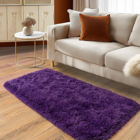 Purple Fluffy Shag Runner Rug 2x4, Non Slip Throw Area Rug for Bedroom Hallways, Long Furry Carpet