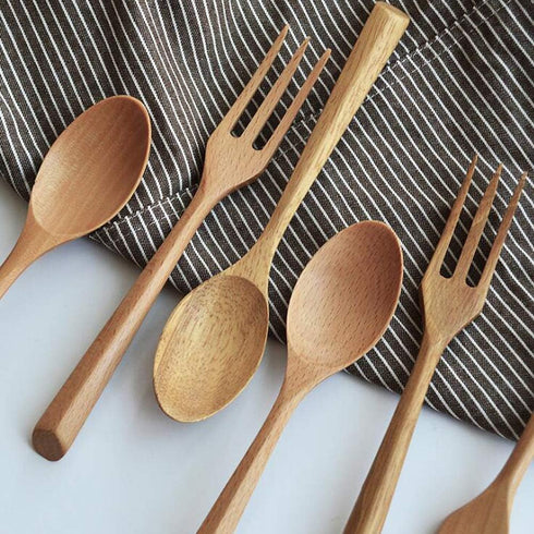 Kyien 6Pcs Wood Soup Spoons and Forks Set - Eco-Friendly Wooden Flatware with 3 Spoons and 3 Forks for Natural Eating