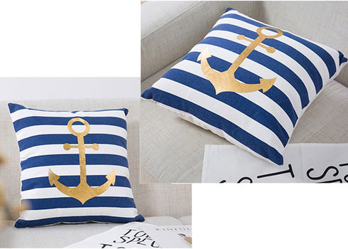 Nautical Decorative Pillow Cover, Gold Anchor Pattern and Stripes 18X18 (Navy Stripes)