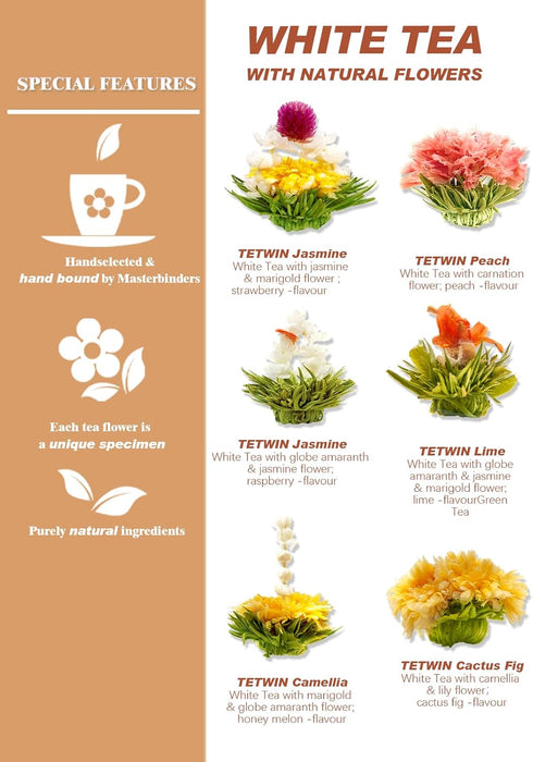 6 1000ml 33.8oz TETWIN Glass Teapot Including Blooming Flower Tea Balls, Stovetop Safe Tea Pot with Removable Infuser