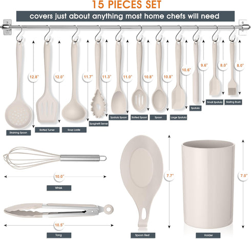 E-far Kitchen Utensils Set, 15-Piece Silicone Cooking Utensils with Holder, Non-stick Cookware Friendly & Heat Resistant, Includes Ladle Spatula Spoon Slotted Turner for Cooking & Baking (Khaki)