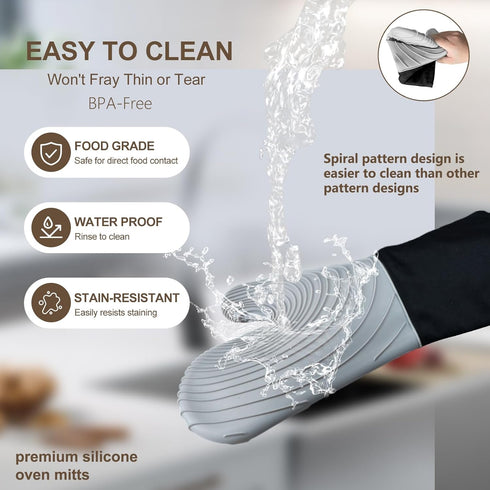 Silicone Oven Mitts - Heat Resistant 500F, 13.6 in Waterproof Grippy Design, Flexible BPA-Free Kitchen Gloves