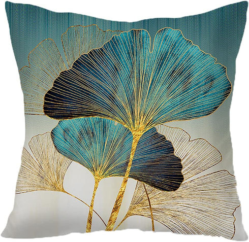 Throw Pillow Cover Green Plant Leaves, 18 x 18 Inch Teal Cushion Cover, Set of 2 Turquoise Ginkgo Leaf Case