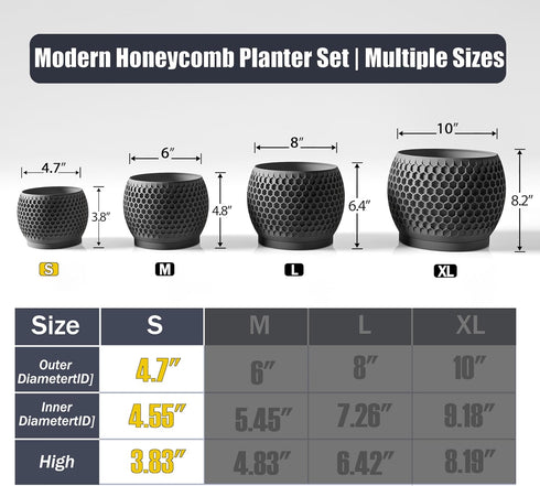Fabix3D 3D 4.7 Inch Plant Pots, Modern Printed Honeycomb Planters for Indoor Plants, Matte Black Decorative Flower Pot