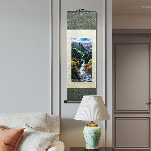 AtfArt Asian Wall Decor, Beautiful Silk Scroll Painting, Four Seasons Landscape, 36.2 x 12in Autumn Oriental Decor