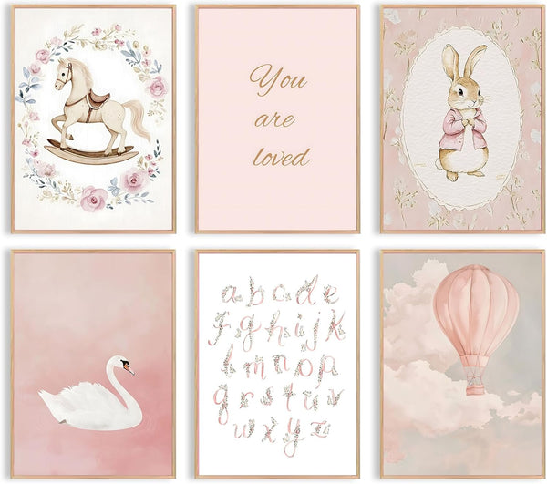 Uniro Pink Nursery Wall Decor Art Prints, Vintage Baby Girl Nursery Room