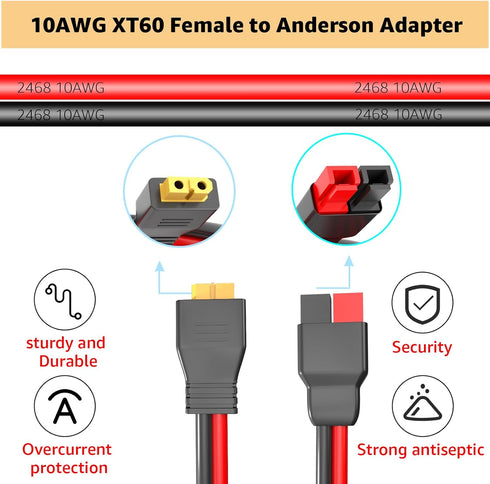 XT60 Female Head to 45A Anderson Connector Adapter, 10AWG Cable for Outdoor Power Banks and Solar Panels (2M/6.6FT)