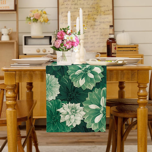 Summer 13x36 Inch Deep Green Dahlia Flower Spring Table Runner Green Gray Burlap Table Runners, Floral Seasonal Coffee