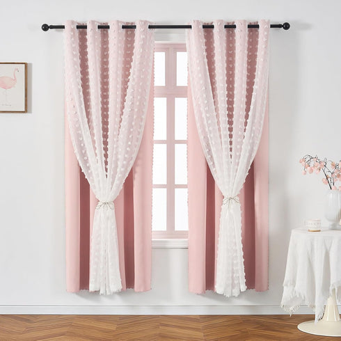 1 72 Inch Pink Blackout Curtain for Girls Bedroom Panel, Double Layered Curtain with Pom Pom White Sheer Overlay, Light