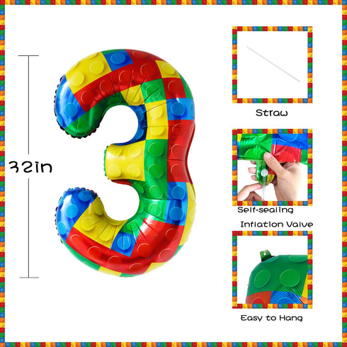 Lmuwecno 32 Inch 3 3) Stackable Block Number Balloon Colorful Brick Building Themed Big Helium Digits for Kids Birthday