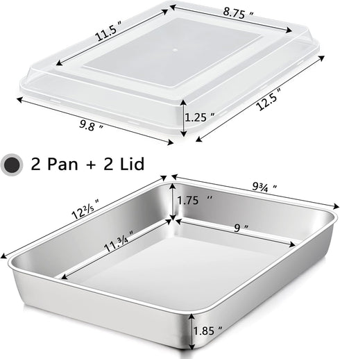 TeamFar Lasagna Pan, 12?’’ x 9¾’’ x 2’’ Stainless Steel Rectangular Cake Brownie Baking Pan with Lid, Non-Toxic & Heavy Duty, Brush Surface & Deep Side, Dishwasher Safe-2 Pans+2 Lids by TeamFar