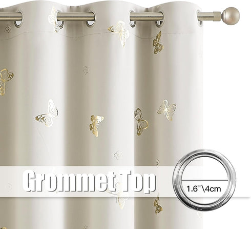 Grommet Room,52x63,2 Jubilantex Ivory Gold Butterfly Blackout Curtains with Black Layer Thermal Insulated Window