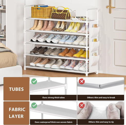 5 33.3in 11.2in 35.6in 20-25 OYREL Tier Shoe Organizer, Wide x Deep x Tall, Black Metal and Plastic Shoe Rack with Side