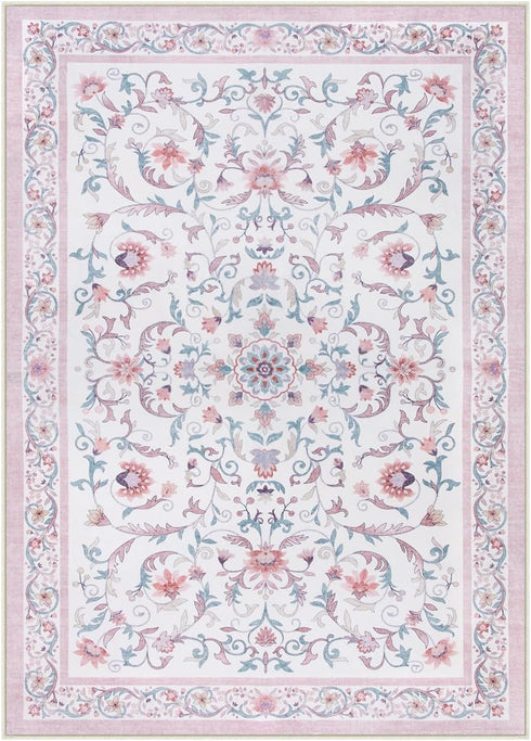 5x7 Lahome Pink Floral Rugs for Bedroom Girls Soft Washable Non-Slip Living Room Rug Vintage Botanical Boho Flower