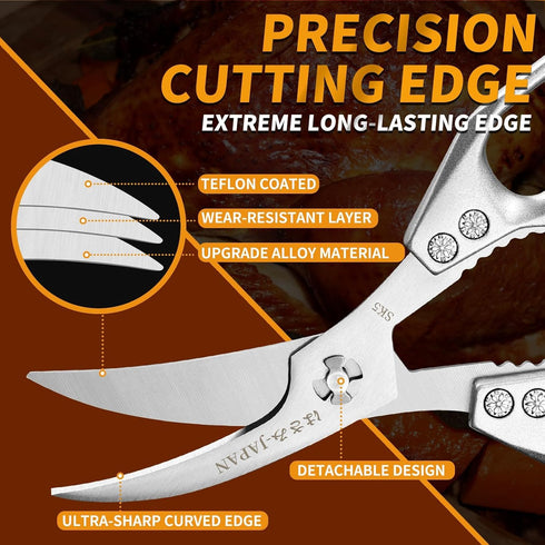 Huusk Seafood Scissors Silver - Stainless Steel Kitchen Shears Dishwasher Safe, Sharp Japanese-Style Kitchen Scissor