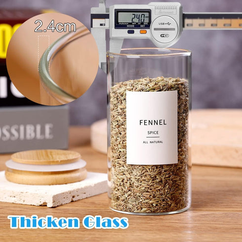 12 8oz Thicken(2.4mm) 148 Pcs Glass Spice Jars With Bamboo Airtight Lids, Spice Containers With Minimalist Preprinted
