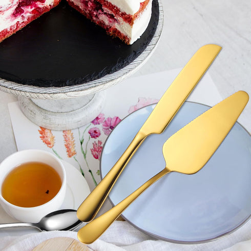Wedding Cake Knife and Server Set, 2 Pcs Gold Stainless Steel Cake Cutter and Server, Perfect for Events, Dishwasher