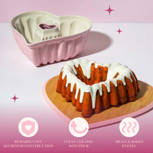 Paris Hilton Heart Shaped Fluted Cake Pan, 9-Inch Cast Aluminum with Clean Ceramic Nonstick Bakeware